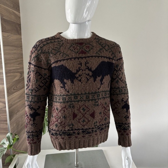 Polo Ralph Lauren Pullover 100% Wool Sweater ReinDeer Antler Battle *VINTAGE* - Picture 2 of 12